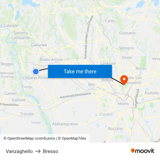Vanzaghello to Bresso map