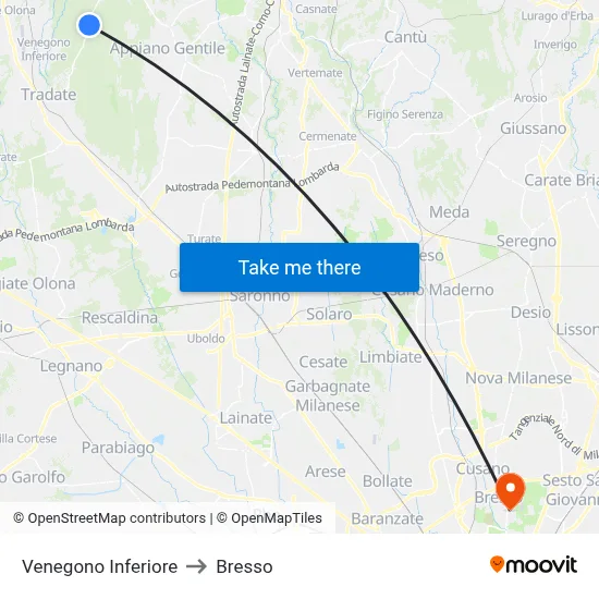 Venegono Inferiore to Bresso map