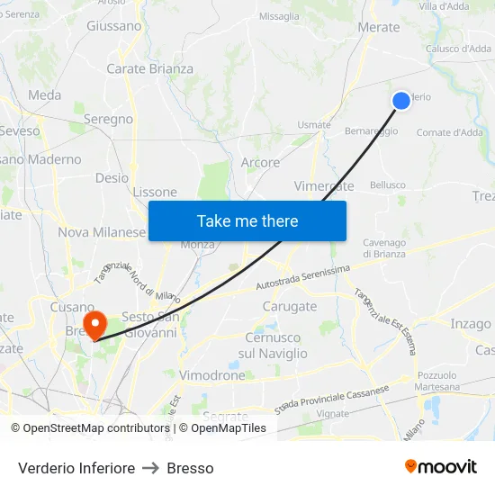 Lower Verderio to Bresso map