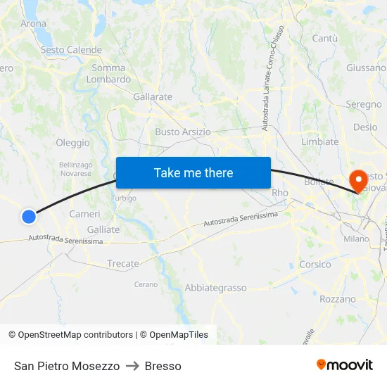 San Pietro Mosezzo to Bresso map