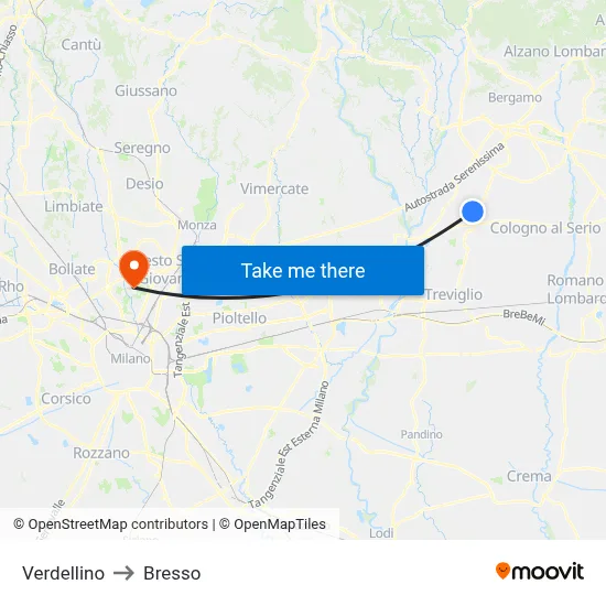 Verdellino to Bresso map