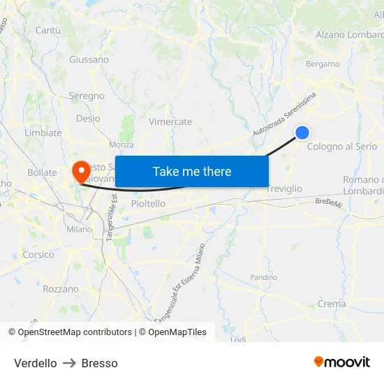 Verdello to Bresso map