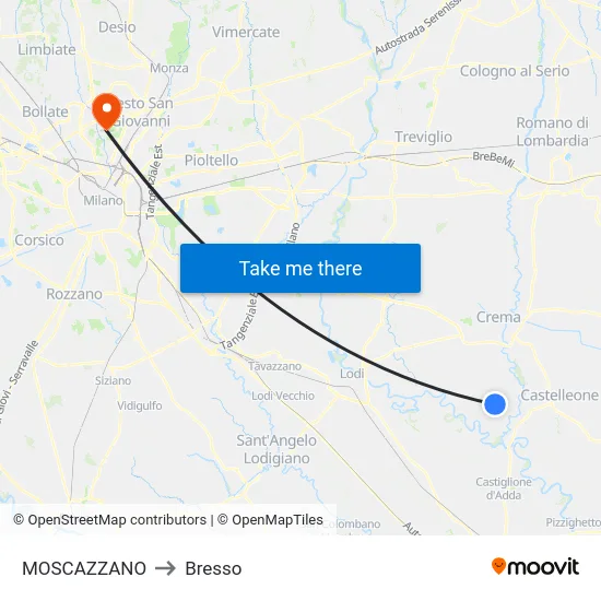 Moscazzano to Bresso map