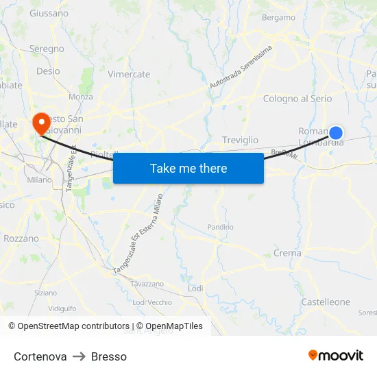 Cortenova to Bresso map