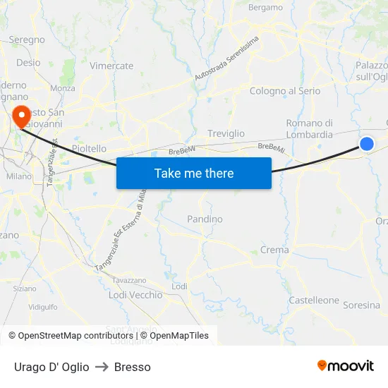 Urago D' Oglio to Bresso map