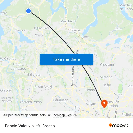 Rancio Valcuvia to Bresso map