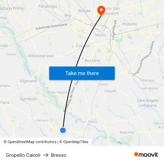 Gropello Cairoli to Bresso map