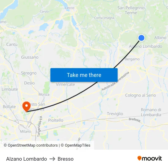 Alzano Lombardo to Bresso map