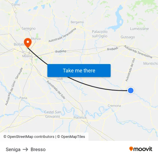 Seniga to Bresso map