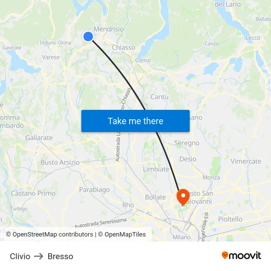 Clivio to Bresso map