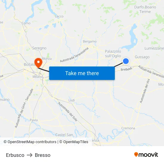 Erbusco to Bresso map