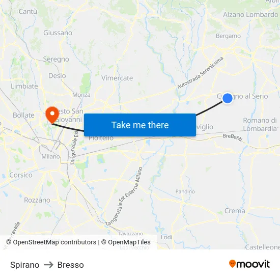 Spirano to Bresso map