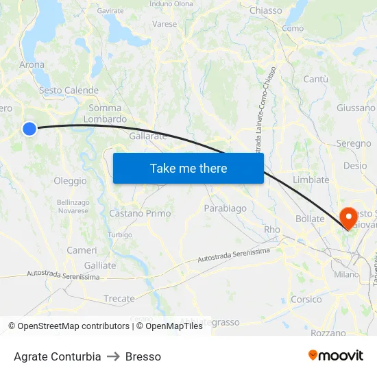 Agrate Conturbia to Bresso map
