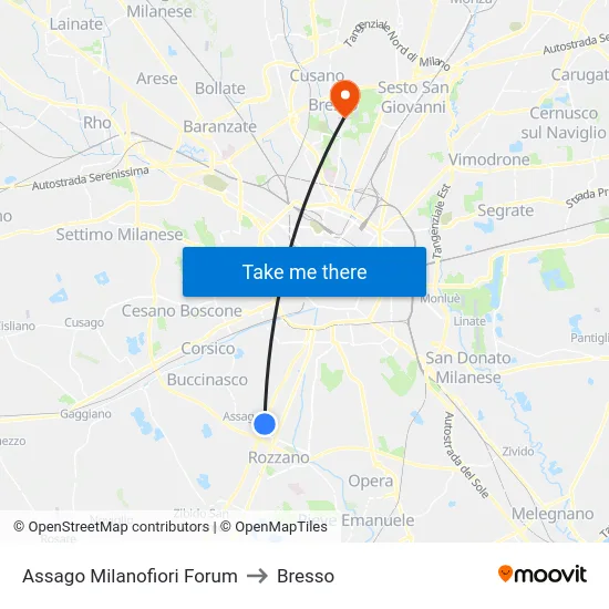 Assago Milanofiori Forum to Bresso map