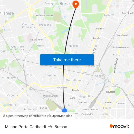 Milano Porta Garibaldi to Bresso map