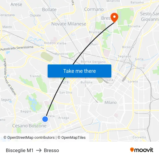 Bisceglie M1 to Bresso map
