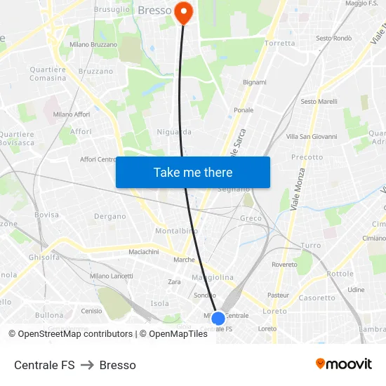 Centrale FS to Bresso map