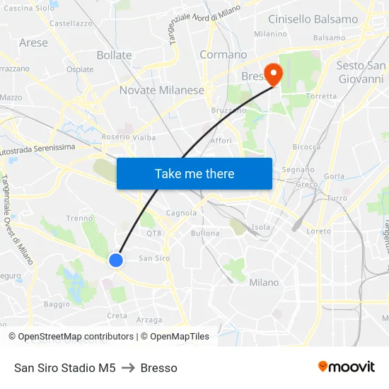 San Siro Stadio M5 to Bresso map