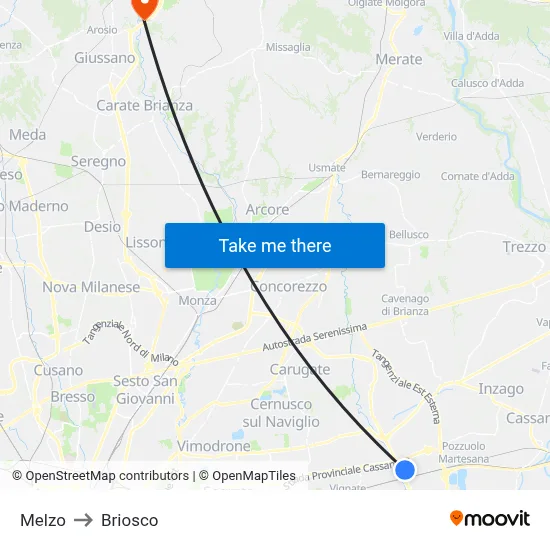 Melzo to Briosco map
