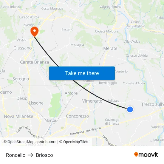 Roncello to Briosco map