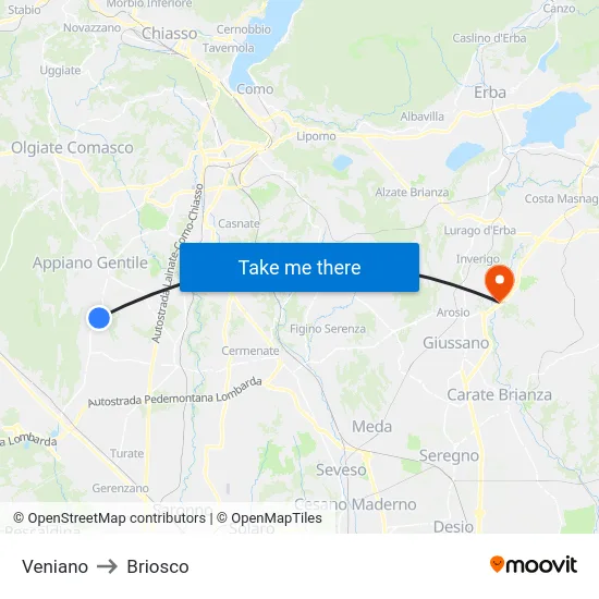 Veniano to Briosco map