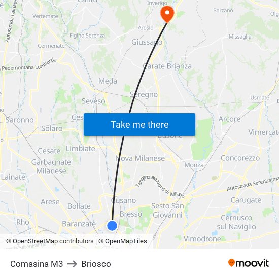 Comasina M3 to Briosco map