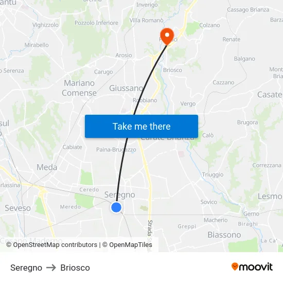 Seregno to Briosco map
