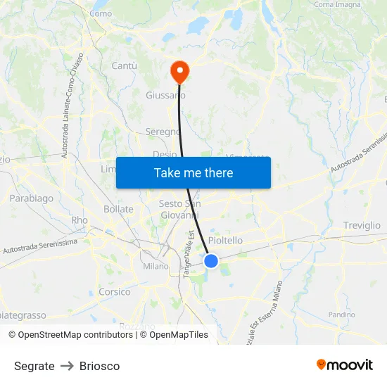 Segrate to Briosco map