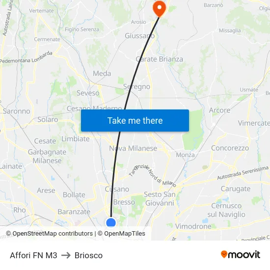Affori FN M3 to Briosco map