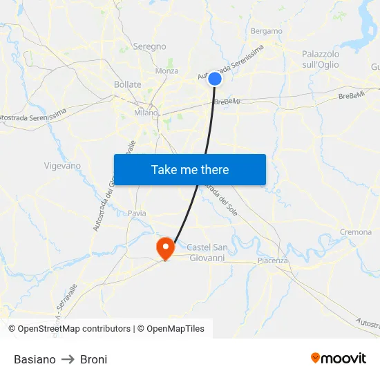Basiano to Broni map