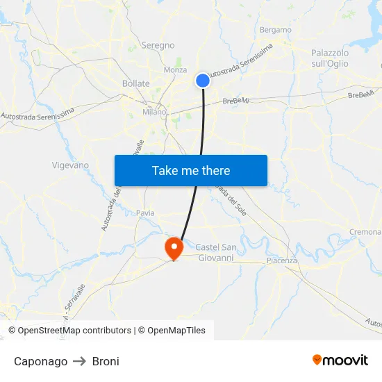 Caponago to Broni map