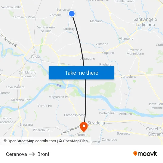 Ceranova to Broni map