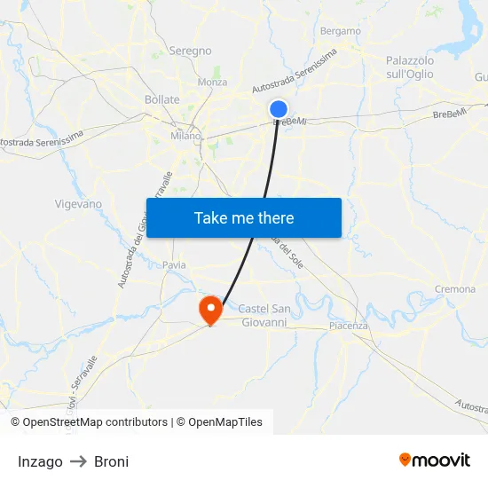 Inzago to Broni map