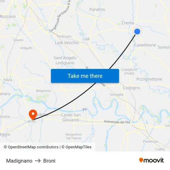 Madignano to Broni map
