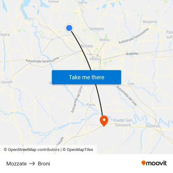 Mozzate to Broni map