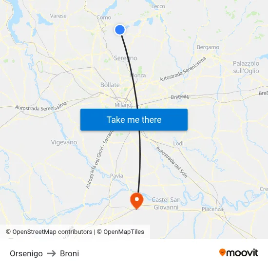 Orsenigo to Broni map