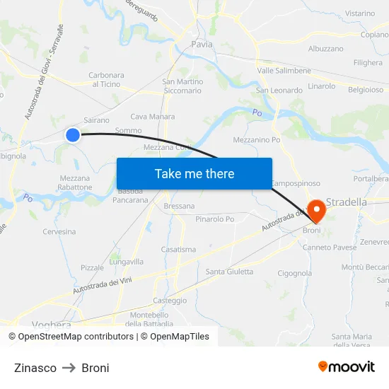 Zinasco to Broni map