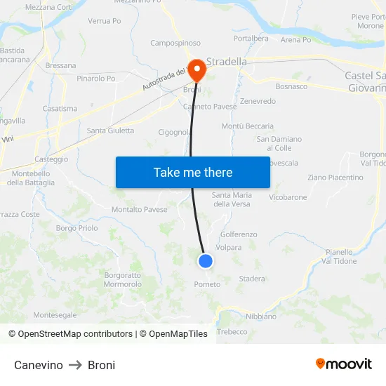 Canevino to Broni map
