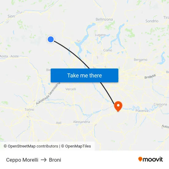 Ceppo Morelli to Broni map