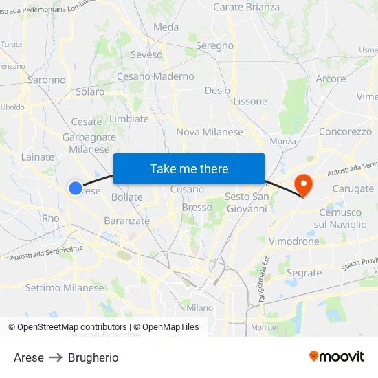 Arese to Brugherio map
