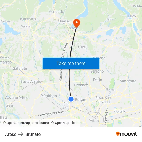 Arese to Brunate map