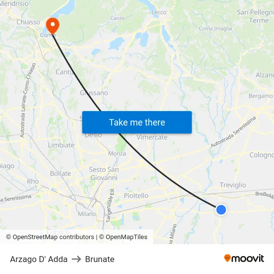 Arzago d'Adda to Brunate map