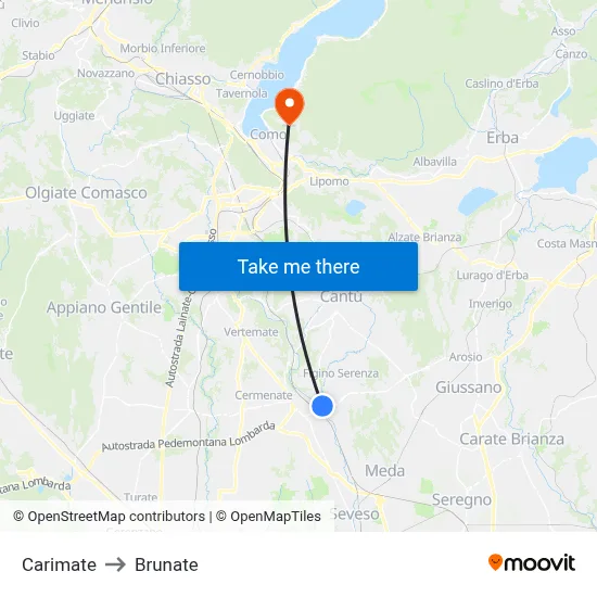 Carimate to Brunate map