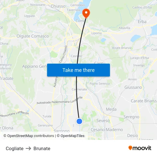 Cogliate to Brunate map