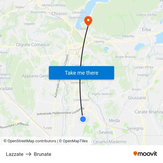 Lazzate to Brunate map