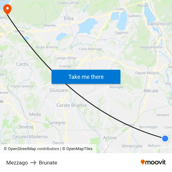 Mezzago to Brunate map