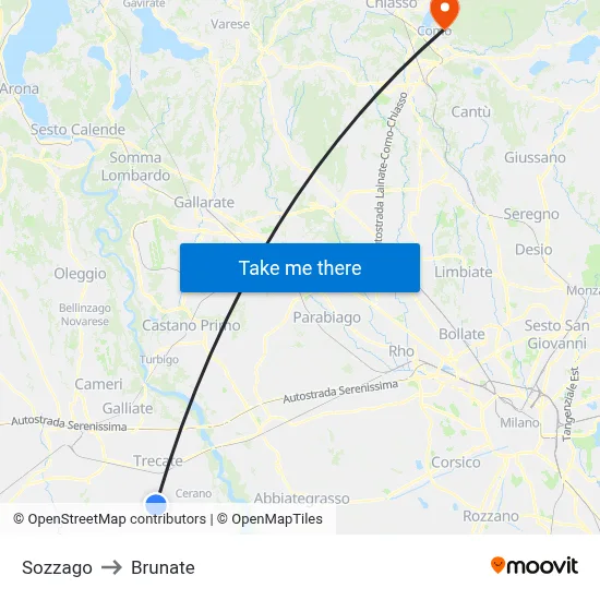 Sozzago to Brunate map