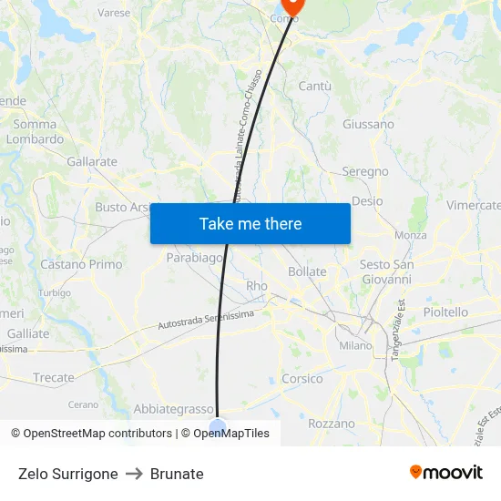 Zelo Surrigone to Brunate map