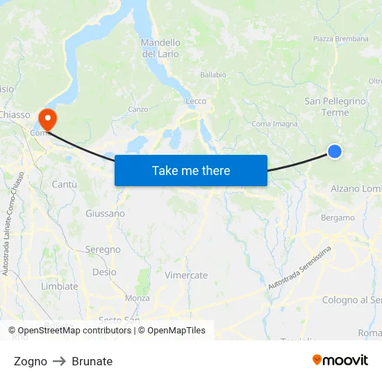 Zogno to Brunate map