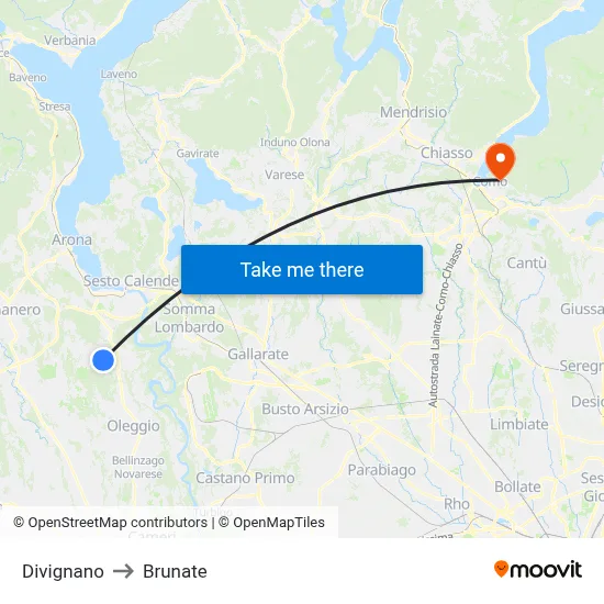 Divignano to Brunate map